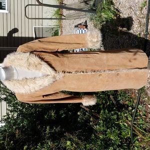 Wilson's Leather Maxima Tan Leather Coat Faux Fur Trim Size Medium